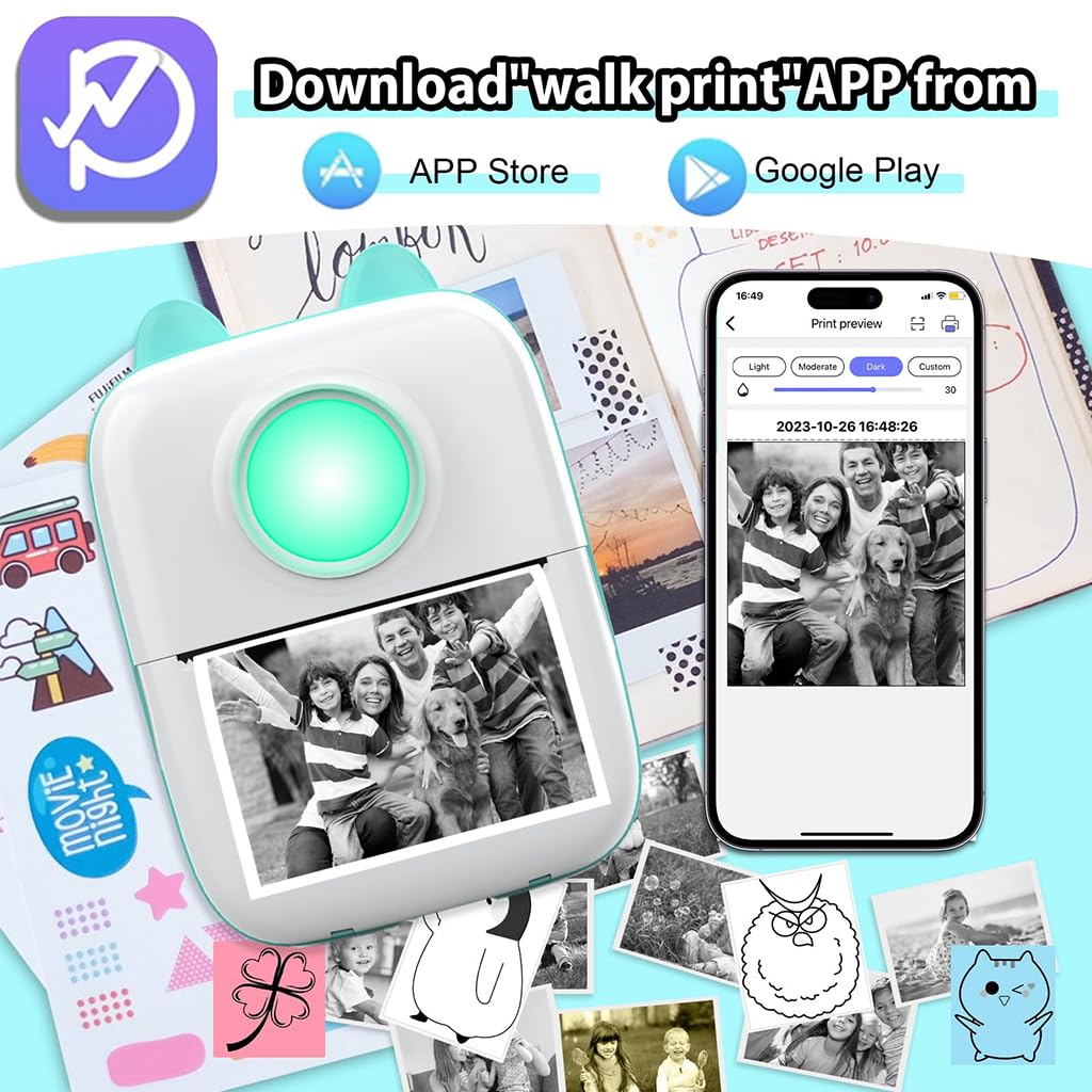 ZEITEL Mini Bluetooth Thermal Printer for Labels with 13 Paper Rolls and LED Light | Ink‑Free Portable Printing for Android and iOS