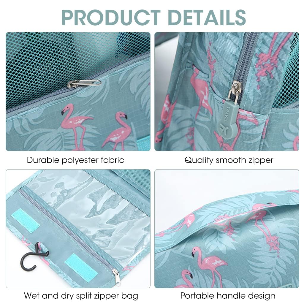 ZIBUYU Travel Cosmetic Pouch Hangable Cosmetic Organizer for Women Makeup Bag Printed Cosmetic Box Girls Cosmetic Pouch for Toiletries, Cosmetics, Skin Care Product, Makeup Brushes-Blue Flamingo