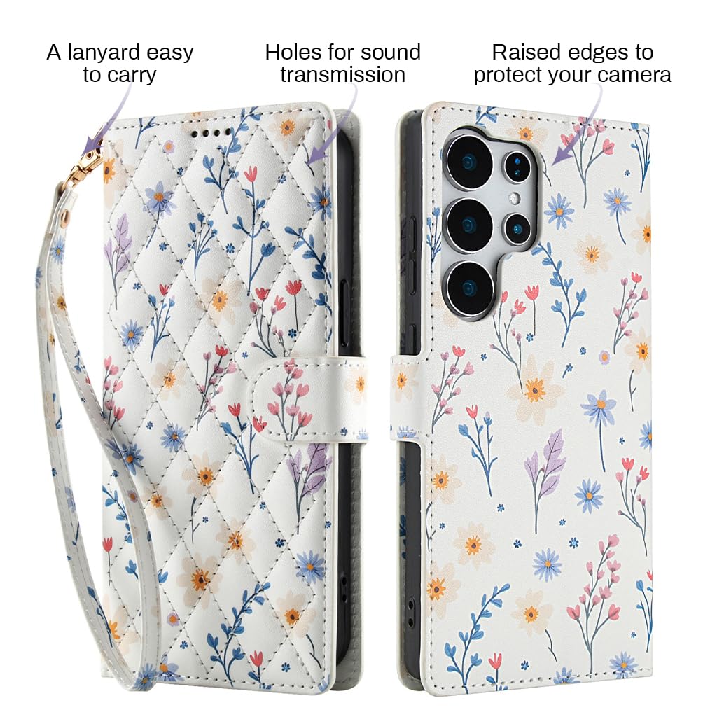 ZORBES Phone Case for Samsung S25 Ultra with Magnetic Flip Closure and Card Slots | Floral Quilted PU Design with Folding Stand and Wristlet White