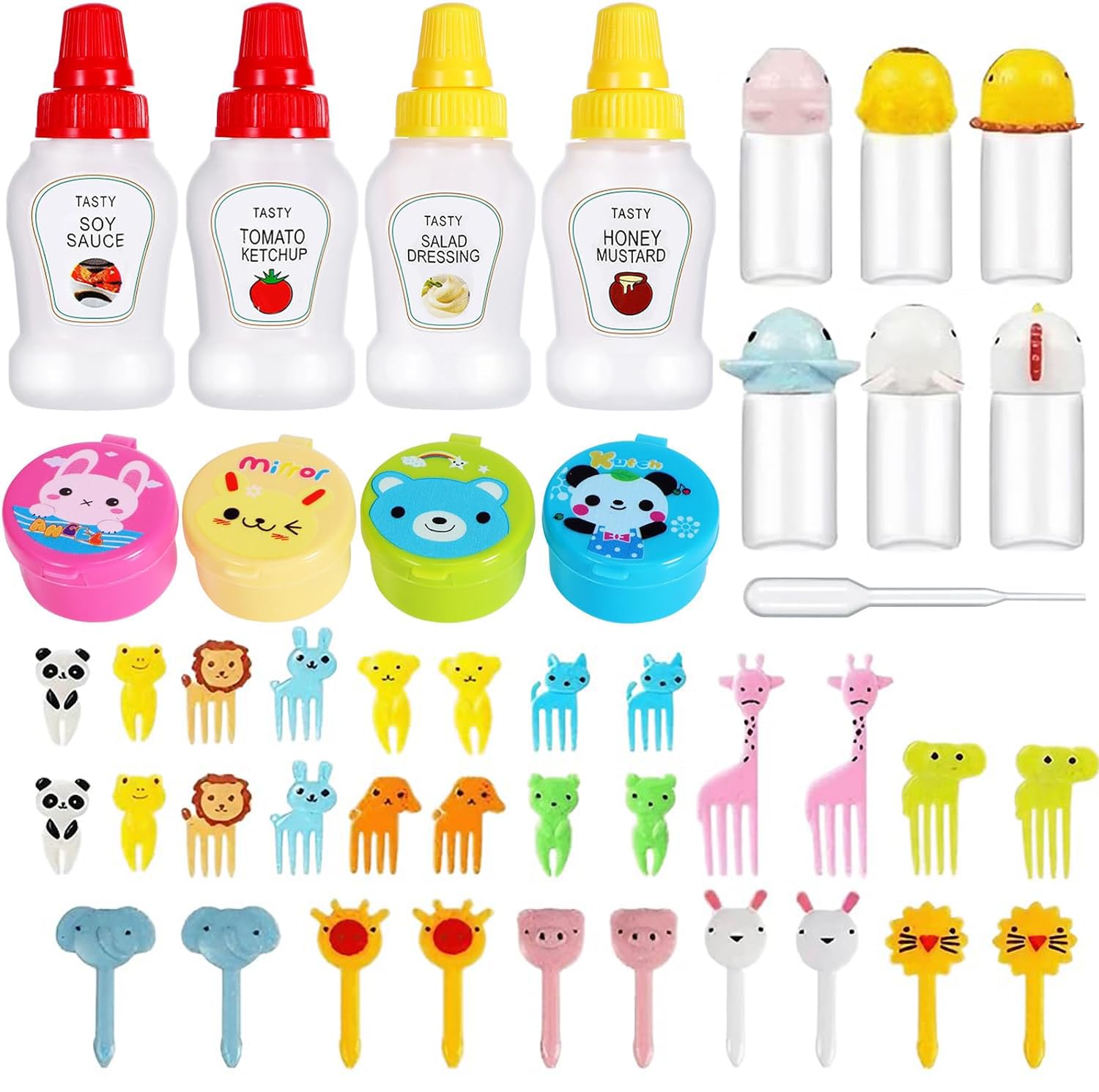HASTHIP Mini Sauce Bottle Set for Lunch Boxes with 45pcs Assorted Jars and Fruit Forks | Portable Refillable Dispensers for Kids and Camping