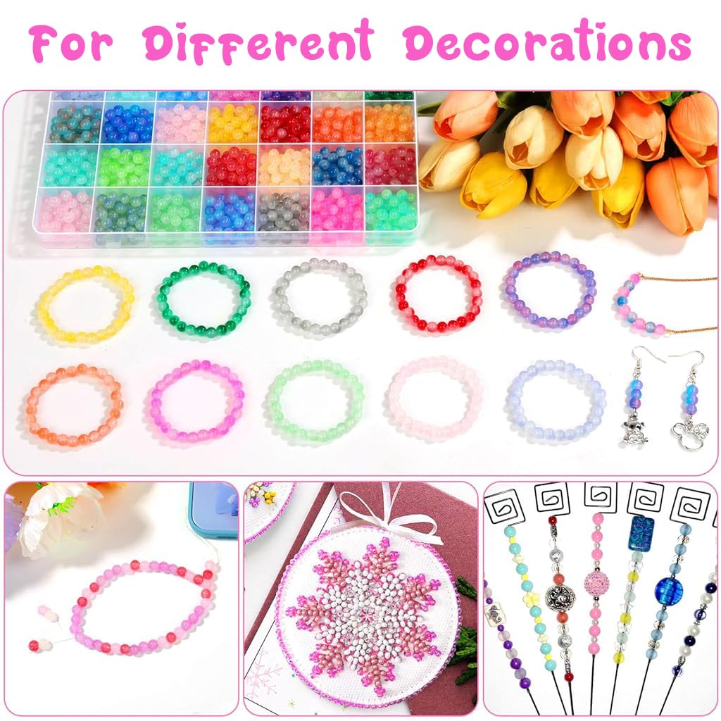 SANNIDHI Beads for Bracelet Making with 1400pcs 6mm Round Dual Color Gradient Glass | 28 Colors DIY Jewelry Kit