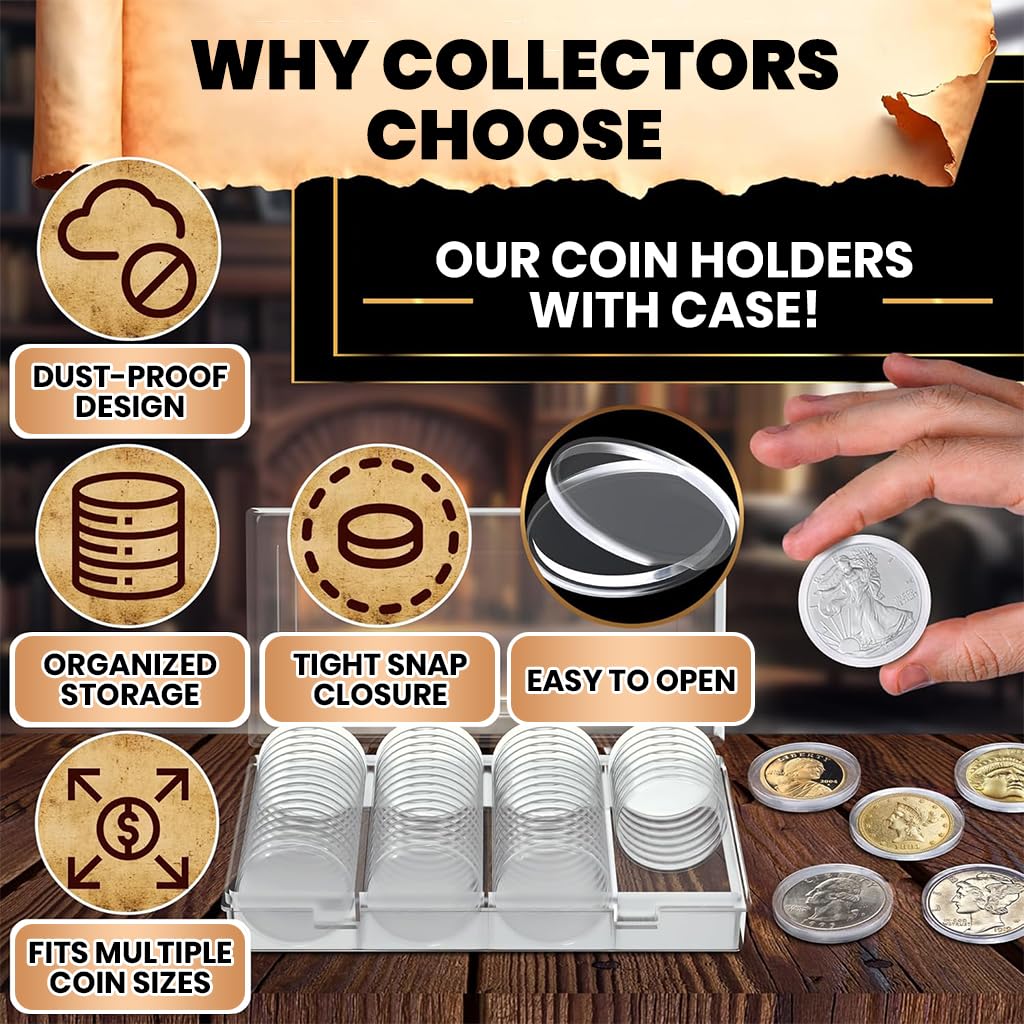 Climberty Coin Box for Collectors with 60 Pcs 17–40mm Capsules | Clear Plastic Organizer