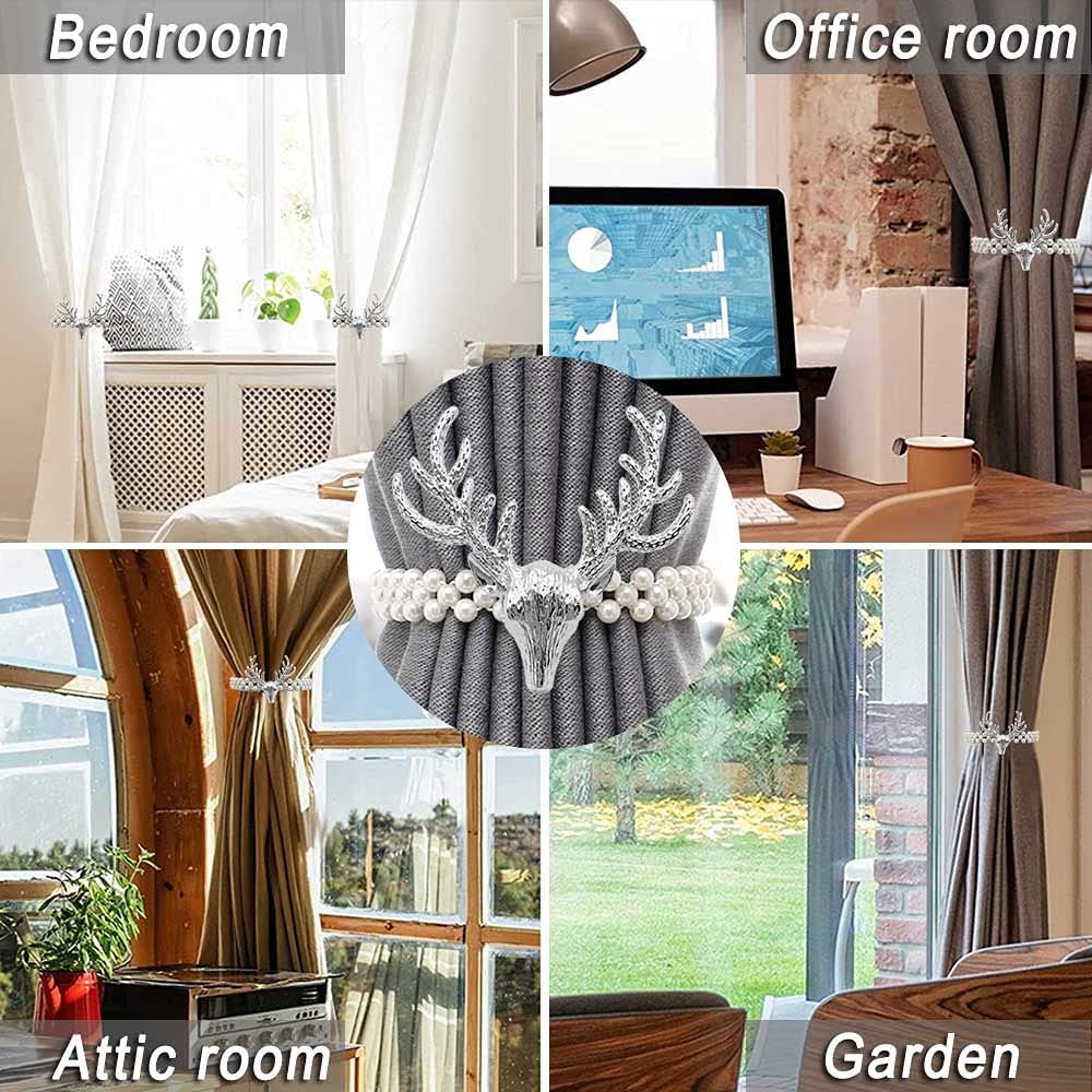 ELEPHANTBOAT® Silver 2Pcs Pearl Elastic Rope Curtain Holders Metal Curtains TieBacks with Classy Small Window Drape Decor for Home,Office,Hotel