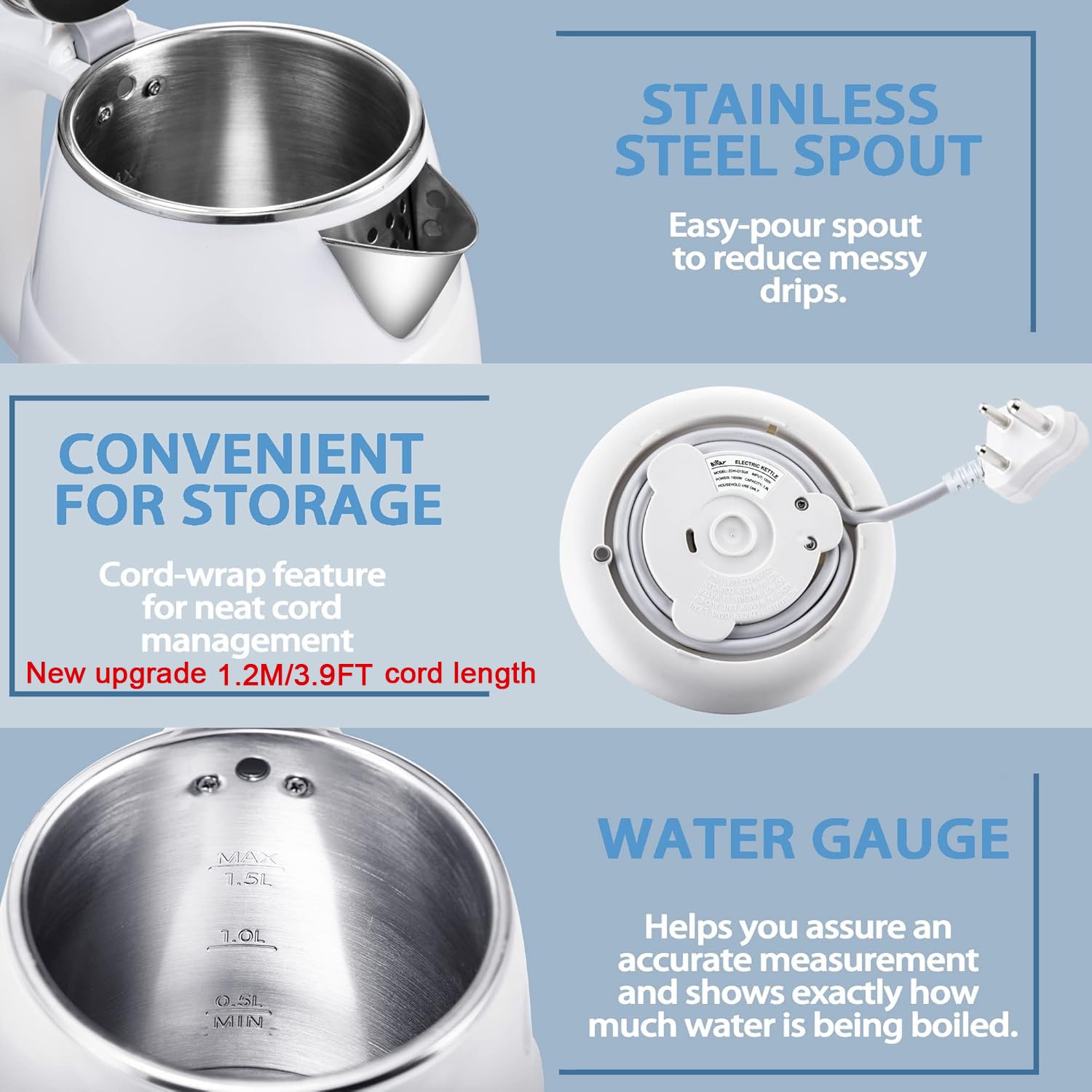 Bear Electric Kettle for Hot Water with 1500W Rapid Heating and 1.5L 304 Stainless Steel Body