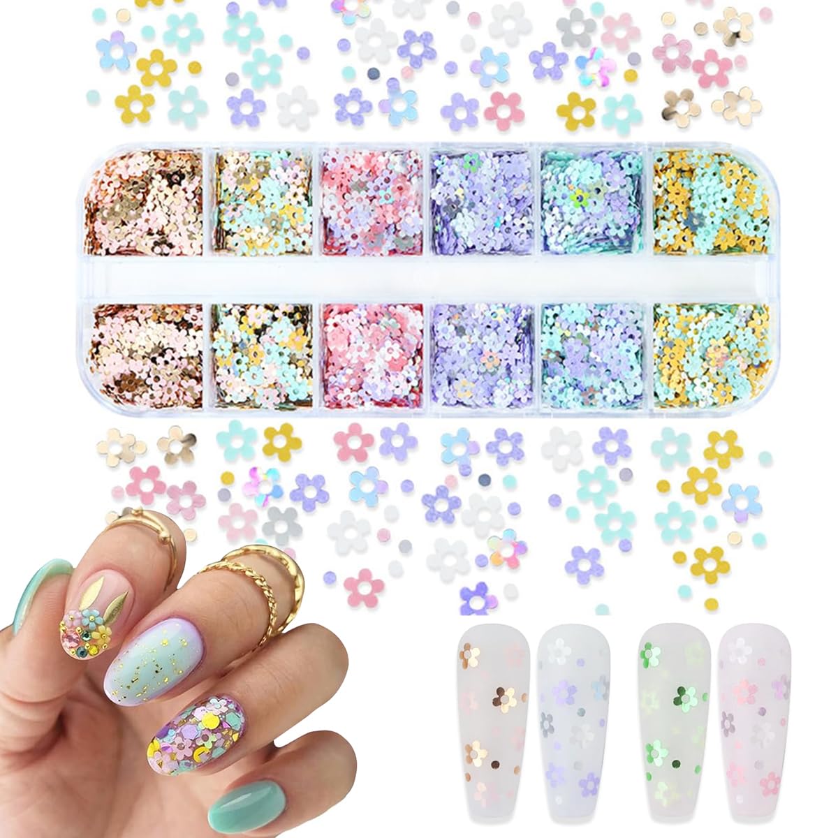 MAYCREATE Flower Nail Glitter Sequins for DIY Manicure with 12 Grids Mixed Colors | 3D Floral Nail Art Charms