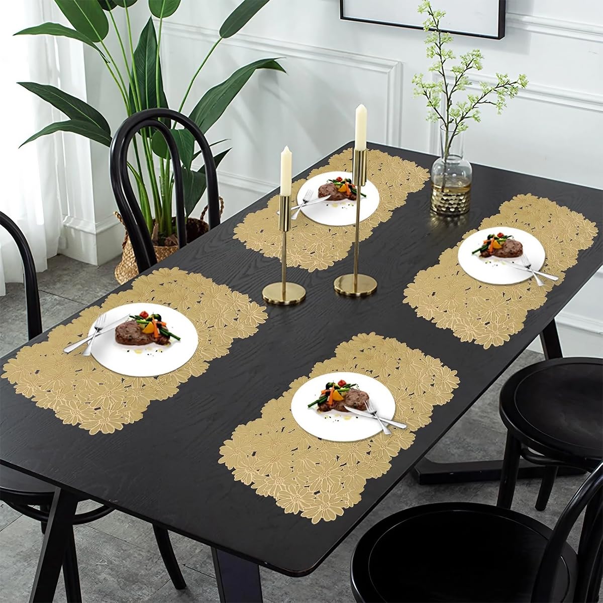 HASTHIP Placemats for Dining Table with 30x45cm Floral Embossing PVC Design | Golden Daisy Set of 6