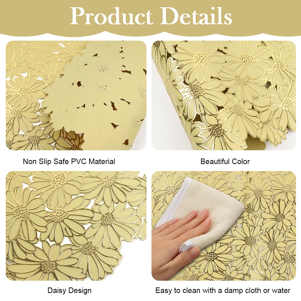 HASTHIP Placemats for Dining Table with 30x45cm Floral Embossing PVC Design | Golden Daisy Set of 6