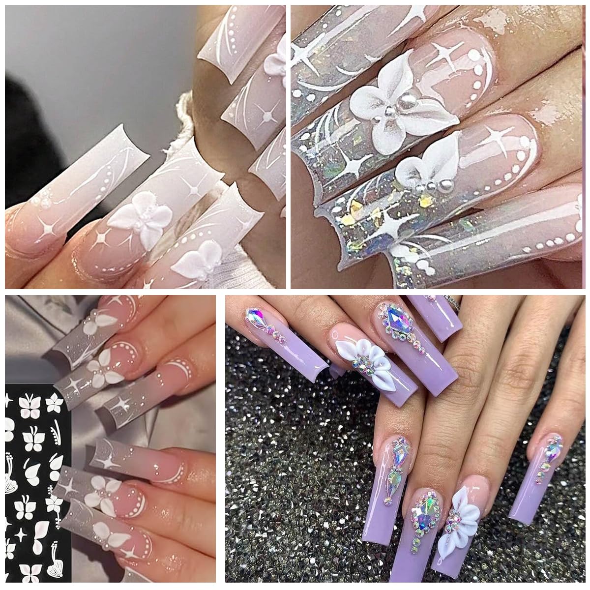 MAYCREATE 5D Embossed White Flowers Nail Stickers for Manicure with Self Adhesive Design | 5Pcs Acrylic Floral Decals