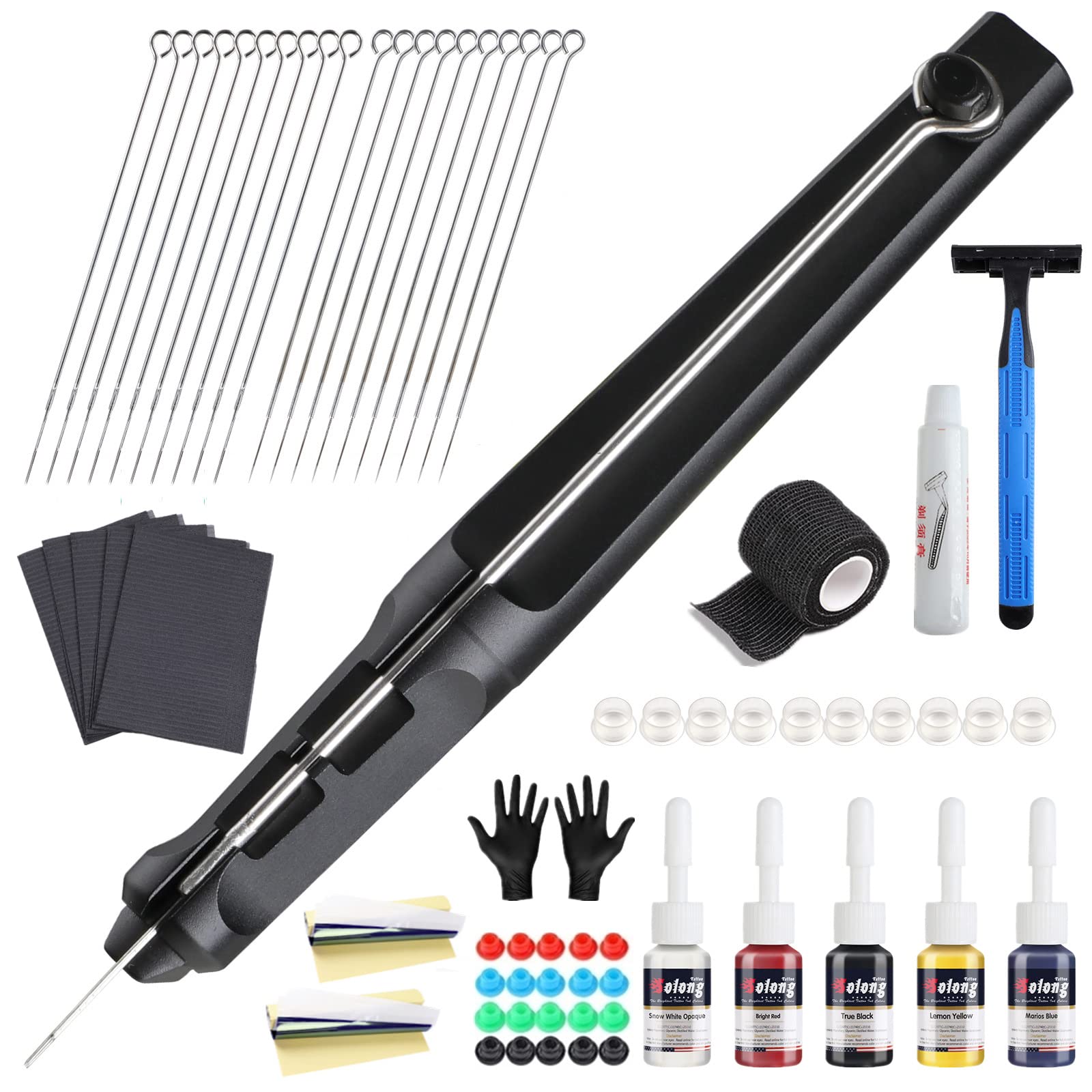 MAYCREATE Hand Poke Tattoo Kit and Stick Tattoo Machine Kit Hand Stick Poke Pen Kit DIY Tattoo Tool Kit Kit with 5 Tattoo Ink 20 Fine Needles For Men Tattoo Supplies