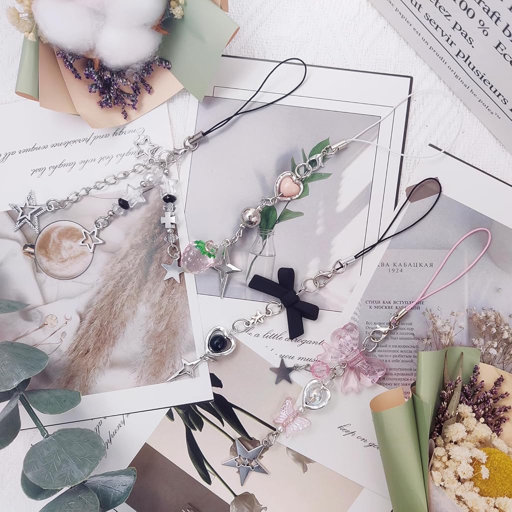 ZORBES Phone Charms Set for Girls with Hanging Loop Acrylic Metal Chain | 4Pcs Gift Accessory