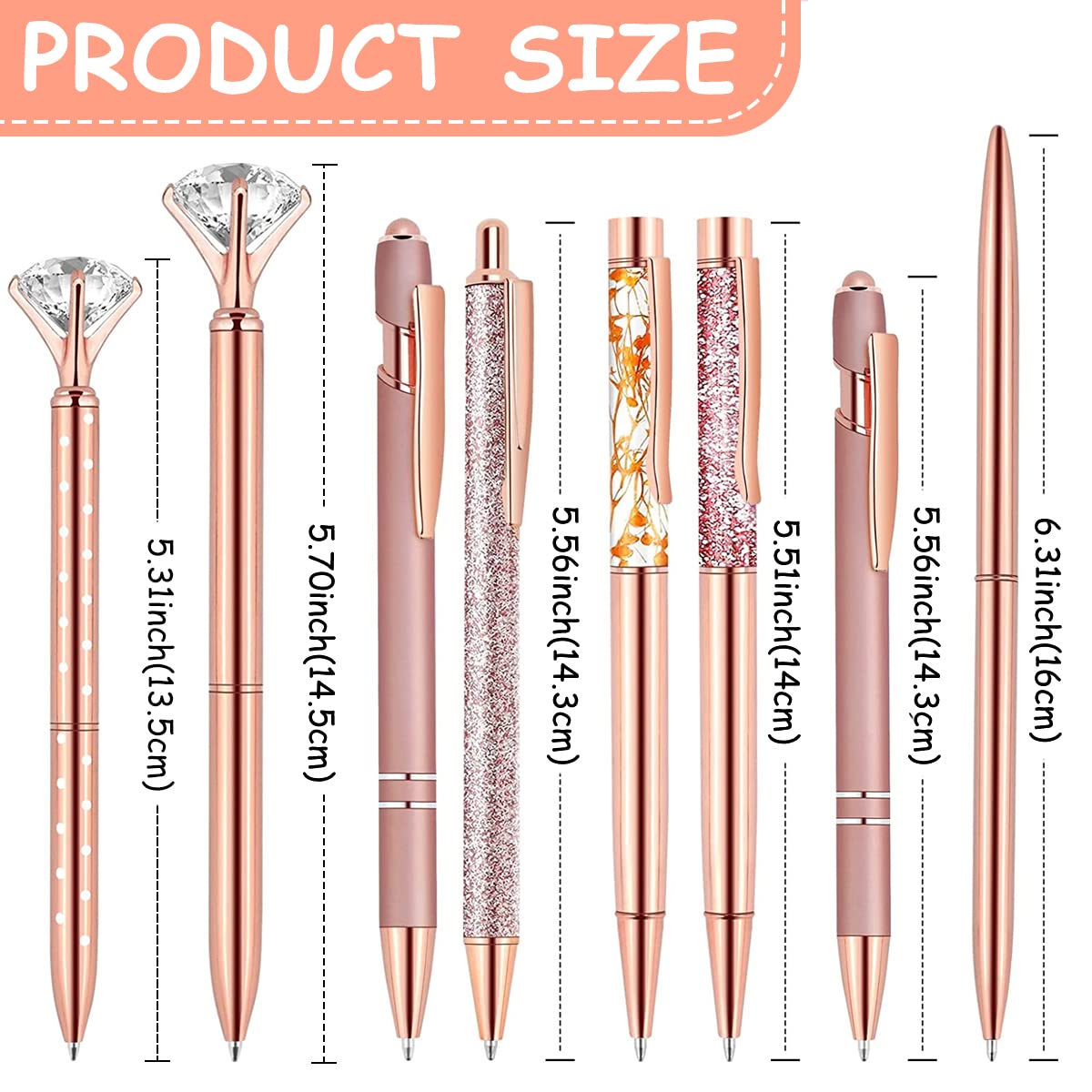 Climberty® 8 Pcs Rose Gold Ballpoint Pen Set, Metal Crystal Diamond Pen, Sand Glitter Pen for Journaling, Black Ink Crystal Glitter Fancy Pens Gifts for Women School Wedding Office Supplies