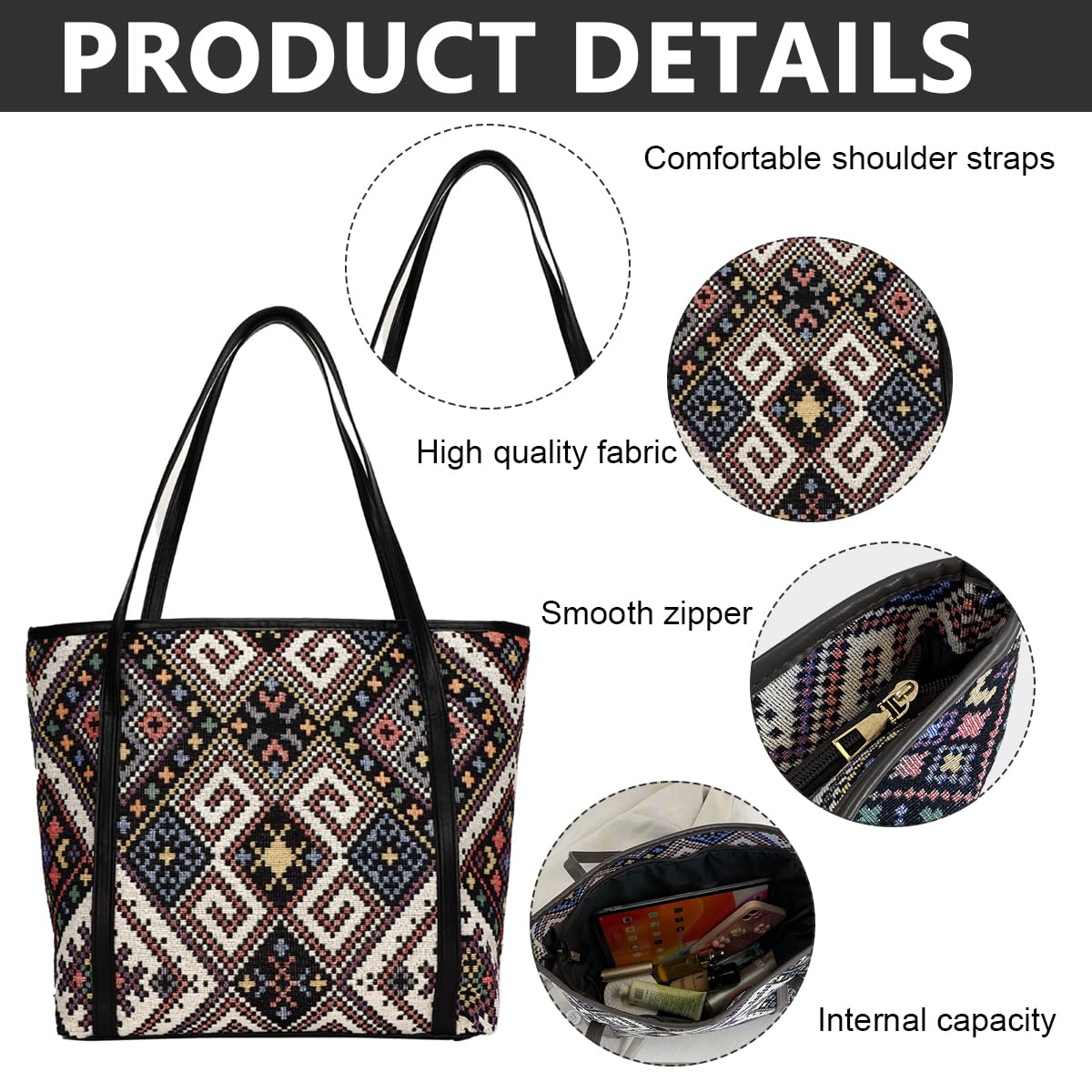 PALAY Tote Bag for Women Vintage Jacquard Print HandBags With Zipper Closure Leather Large Capacity Shoulder Bag for Shopping, Commuting, School
