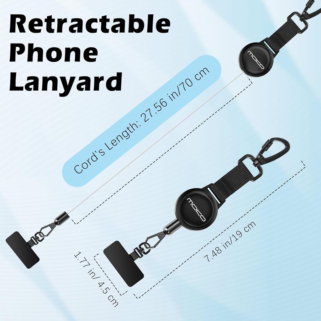 ELEPHANTBOAT® 23.6in Telescopic Phone Holder with Metal Carabiner & Swivel Tether Tab, Steel Wire Extendable Cell Phone Mount Multipurpose Badge Holder ID Card Holder