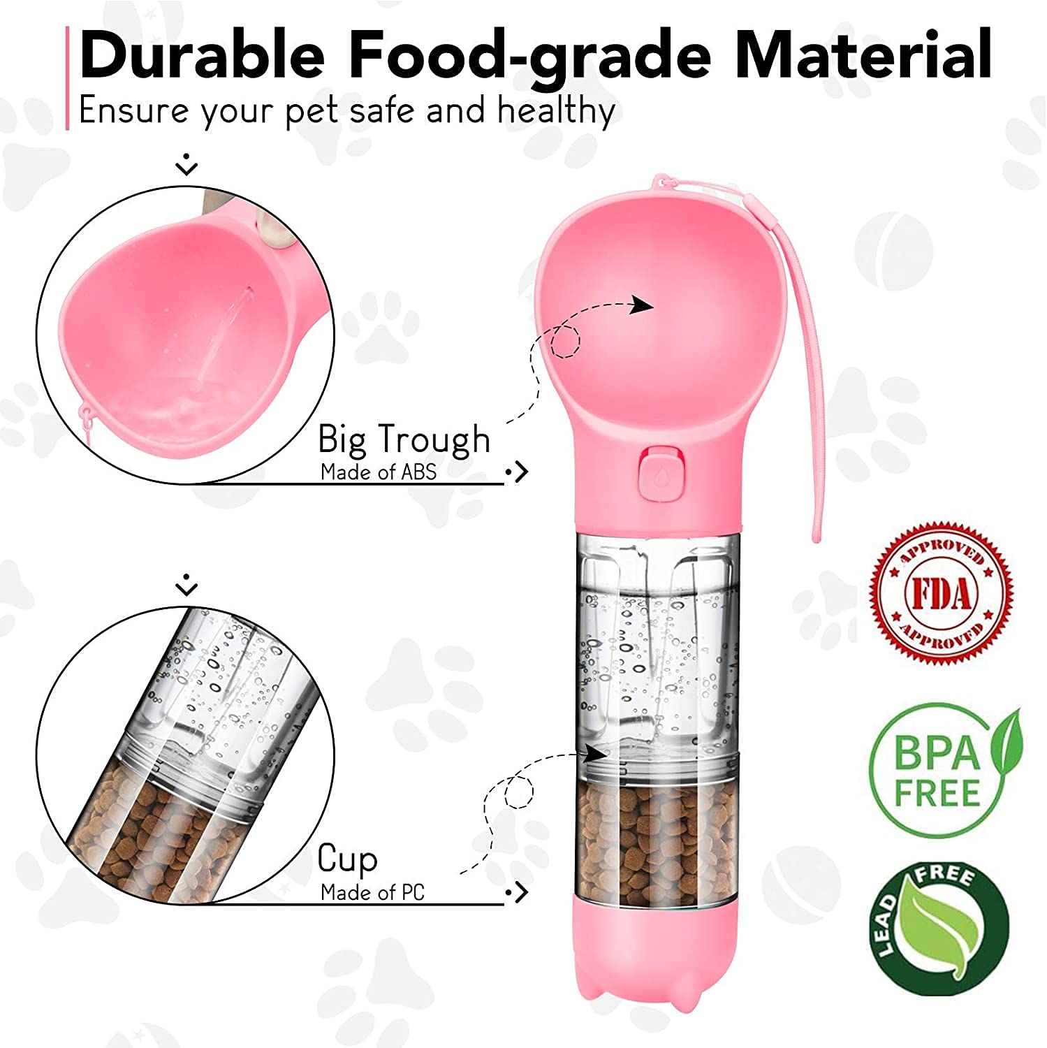 Qpets Dog Water Bottles Portable Leak Proof Dog Water Dispenser with Drinking and Feeding Function Lightweight Pet Water Dispenser for Walking and Travel for Dog, Cat 300ml(Pink)