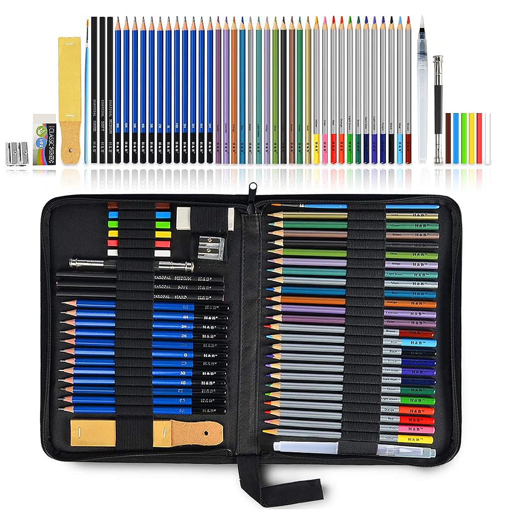 HASTHIP® Sketching Kit - 51Pcs Professional Sketch & Drawing Tool Kit with Zipper Case, Graphite & Colour Pencils, Charcoal, Eraser, Sharpener, Christmas Gift for Artists, Students & Hobbyists