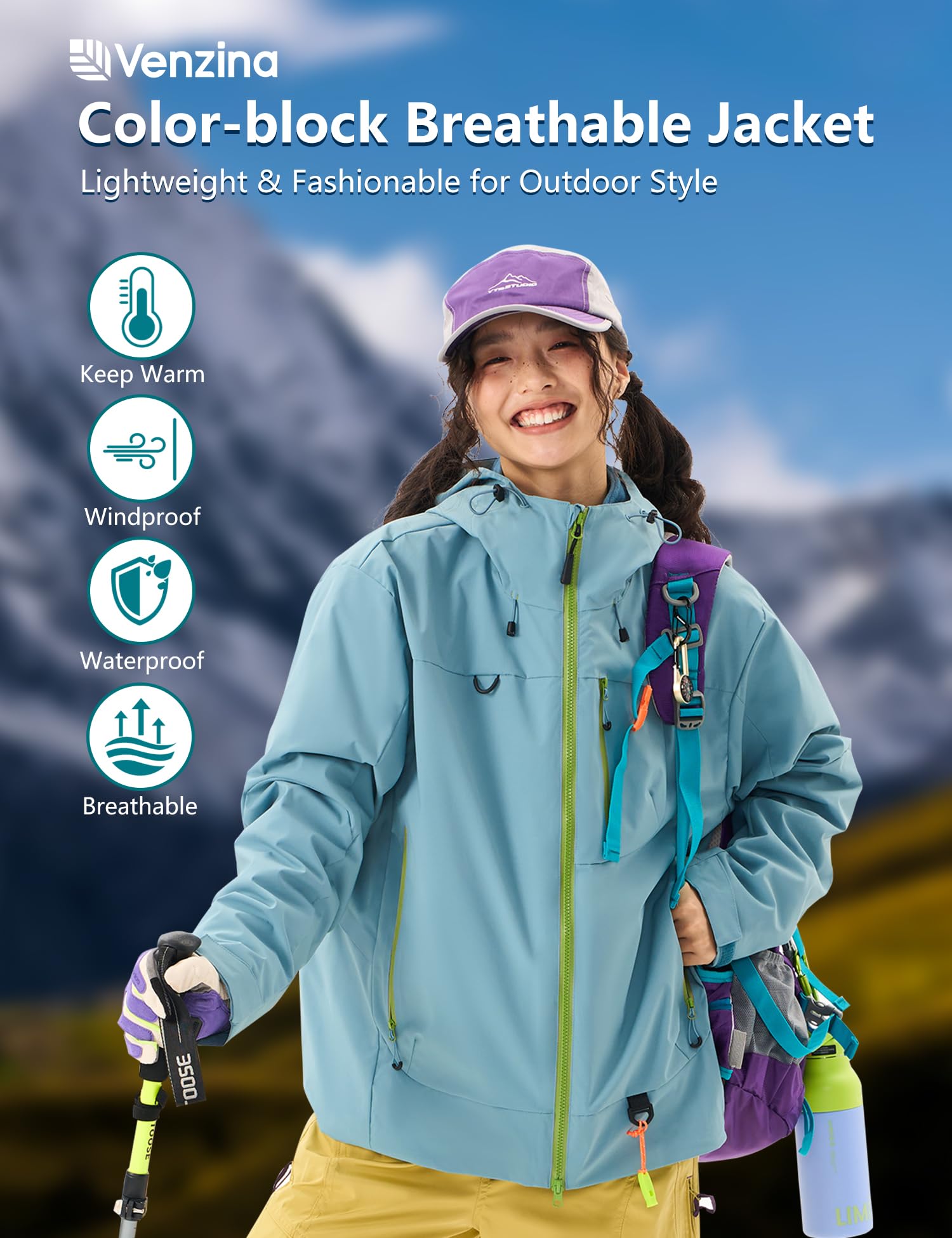 Venzina Women's Waterproof Jacket for Travel and Daily Commute featuring Color Block Design | Blue XL