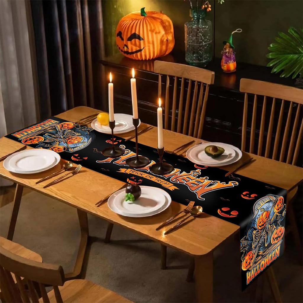 HASTHIP Halloween Table Runner for Dining Table featuring Evil Pumpkin Print 13x72 in | Washable Linen Decor