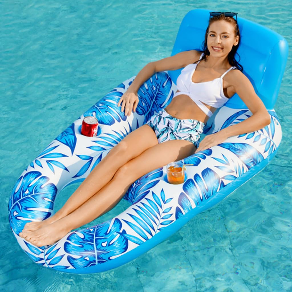 Proberos Inflatable Pool Lounger for Adults with Headrest and Cup Holder featuring PVC Frame 14x92x64cm | Foldable Pool Hammock Float