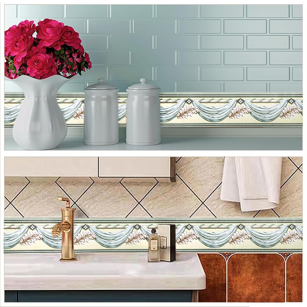 HASTHIP Wall Border Sticker - 3.9''×29.5 Ft Self-Adhesive Floral Trim PVC Frame Sticker, Kitchen Bathroom Waterproof Wallpaper Border Self Adhesive Tiles Sticker for Room Decor, Cupboard (Green)