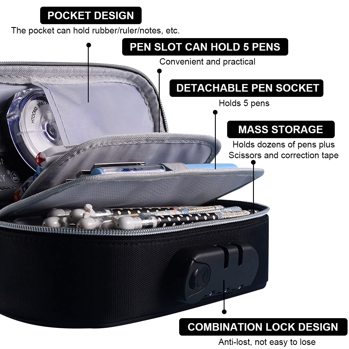 Climberty Canvas Pencil Case for School with 4 Layer Compartments and Combination Lock | Black Waterproof 21.5×9.5×6.5 cm