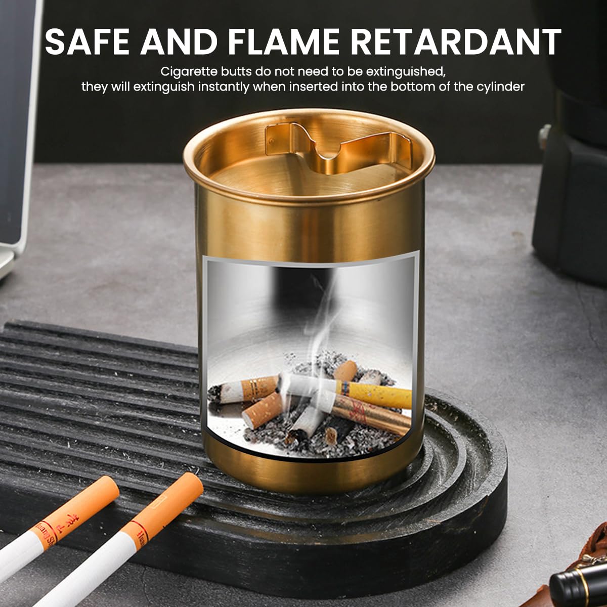 HASTHIP Stainless Steel Ashtray for Home Office and Car with 3.9 in Windproof Funnel Lid | Green Finish