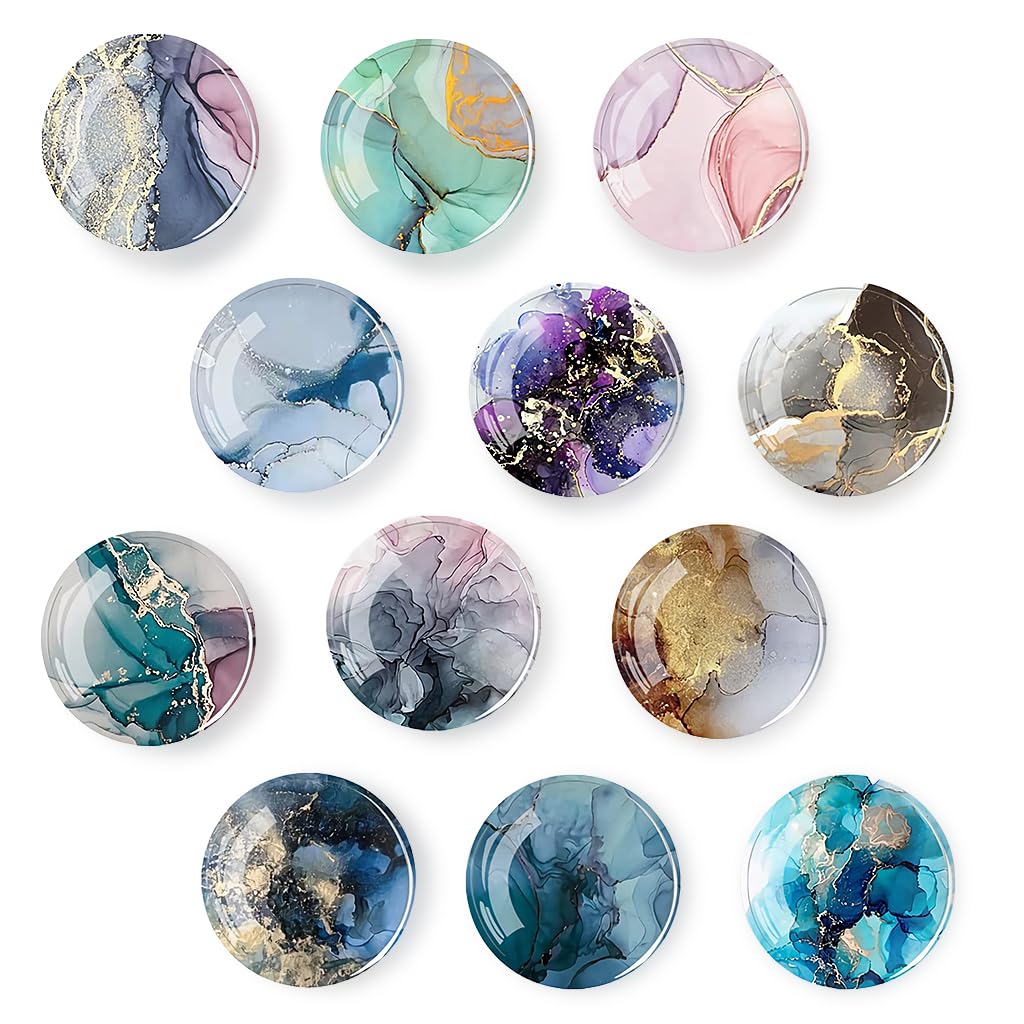 HASTHIP Fridge Magnets for Kitchen and Office with Strong Magnetic Hold | Set of 12 Round Glass Marble Designs