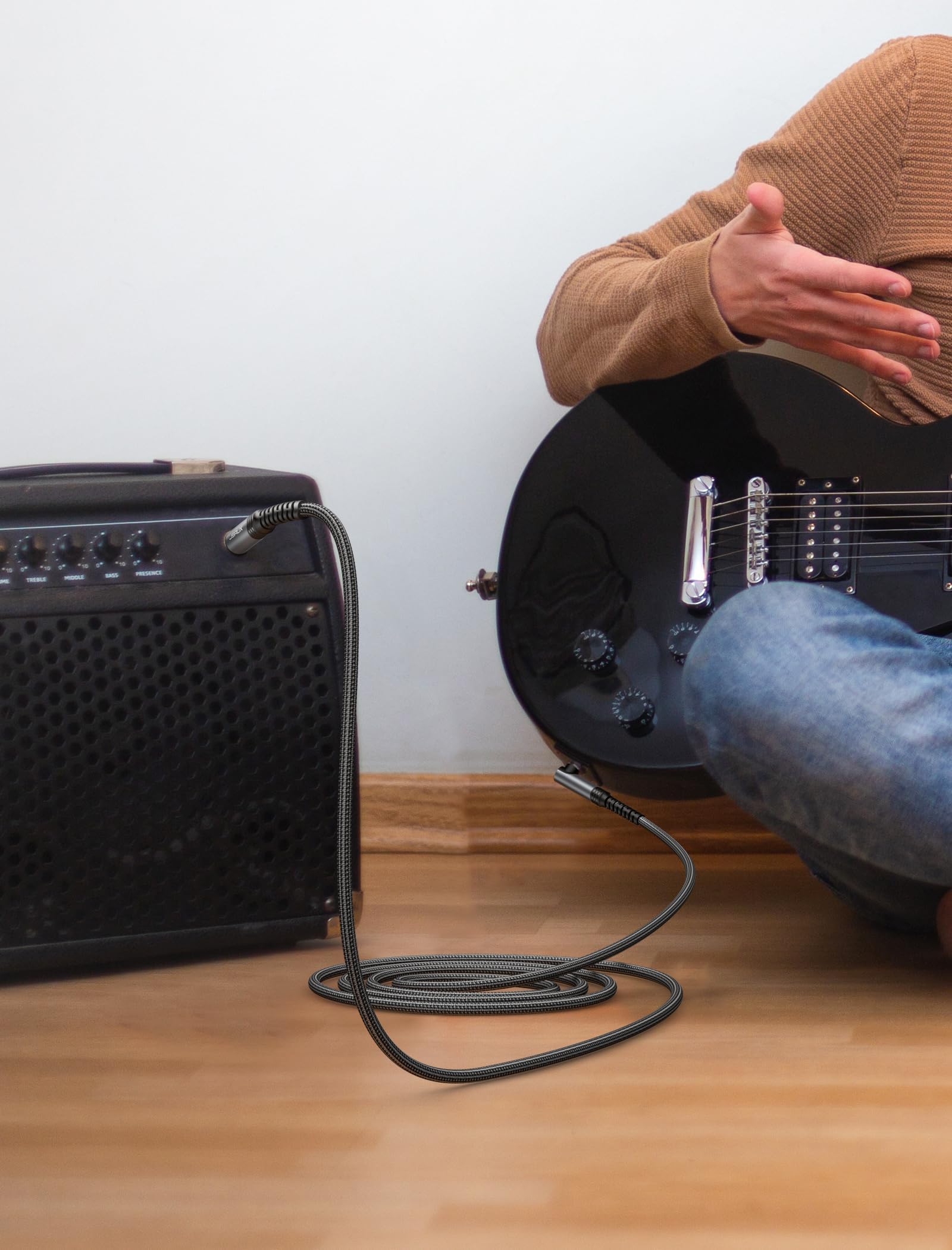 JSAUX 6.35mm Audio Cable for Electric Guitars and Bass featuring Right Angle Plug | 9.8 ft Nylon Braided Grey