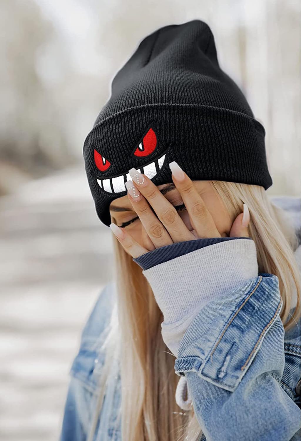 PALAY Winter Beanie Hat for Men and Women with Demon Emoji Embellishment | Soft Acrylic Knit