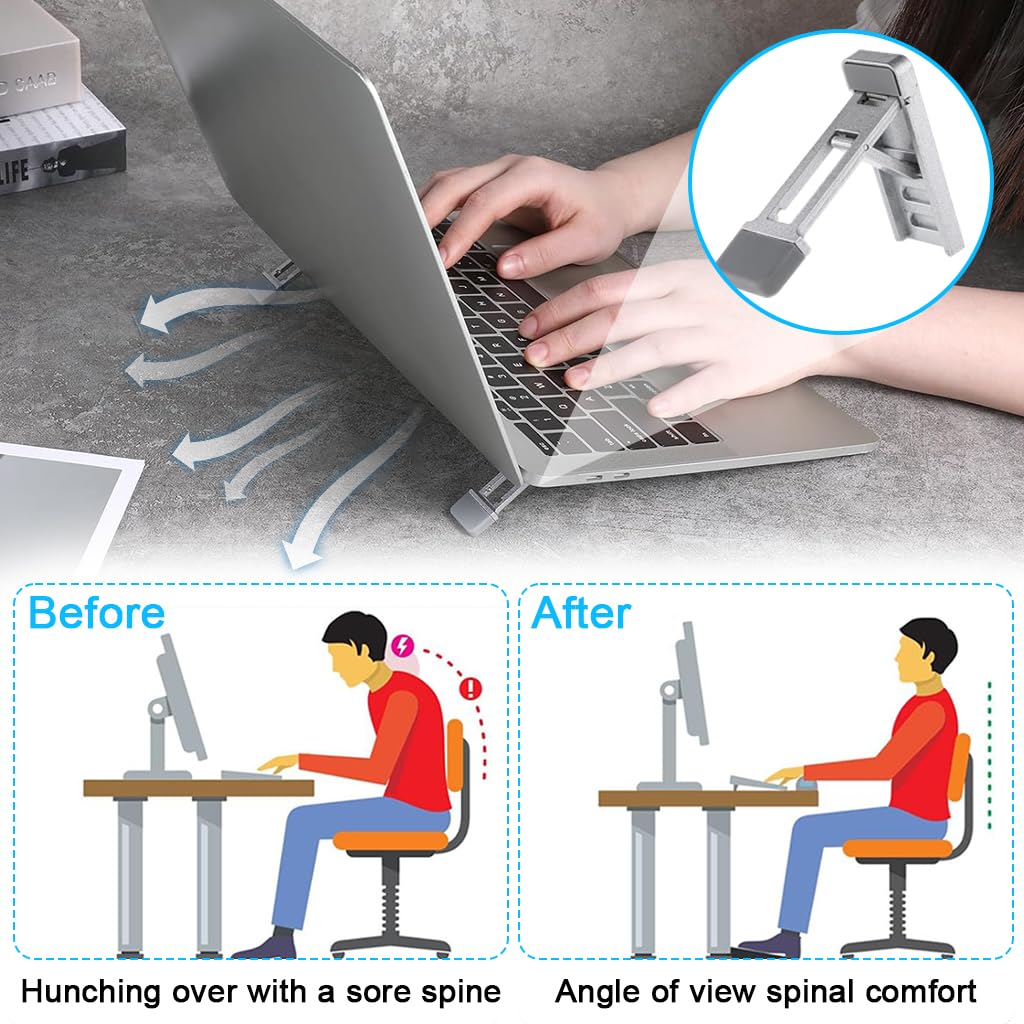 ZORBES Mini Portable Laptop Stand for Desk with Three Tilt Angles and Aluminum Alloy | 2PCS Foldable Self-Adhesive Riser