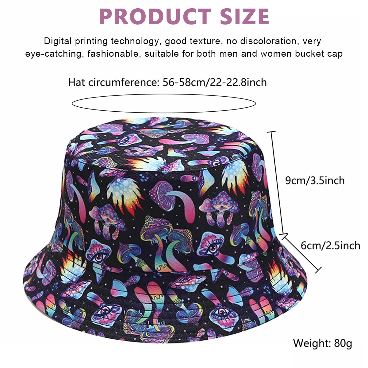 PALAY Digital Print Bucket Hat for Men Women Fashion Color Mushroom Print Beach Hat Cap for Travel, Hiking, Outdoor Fisherman Cap