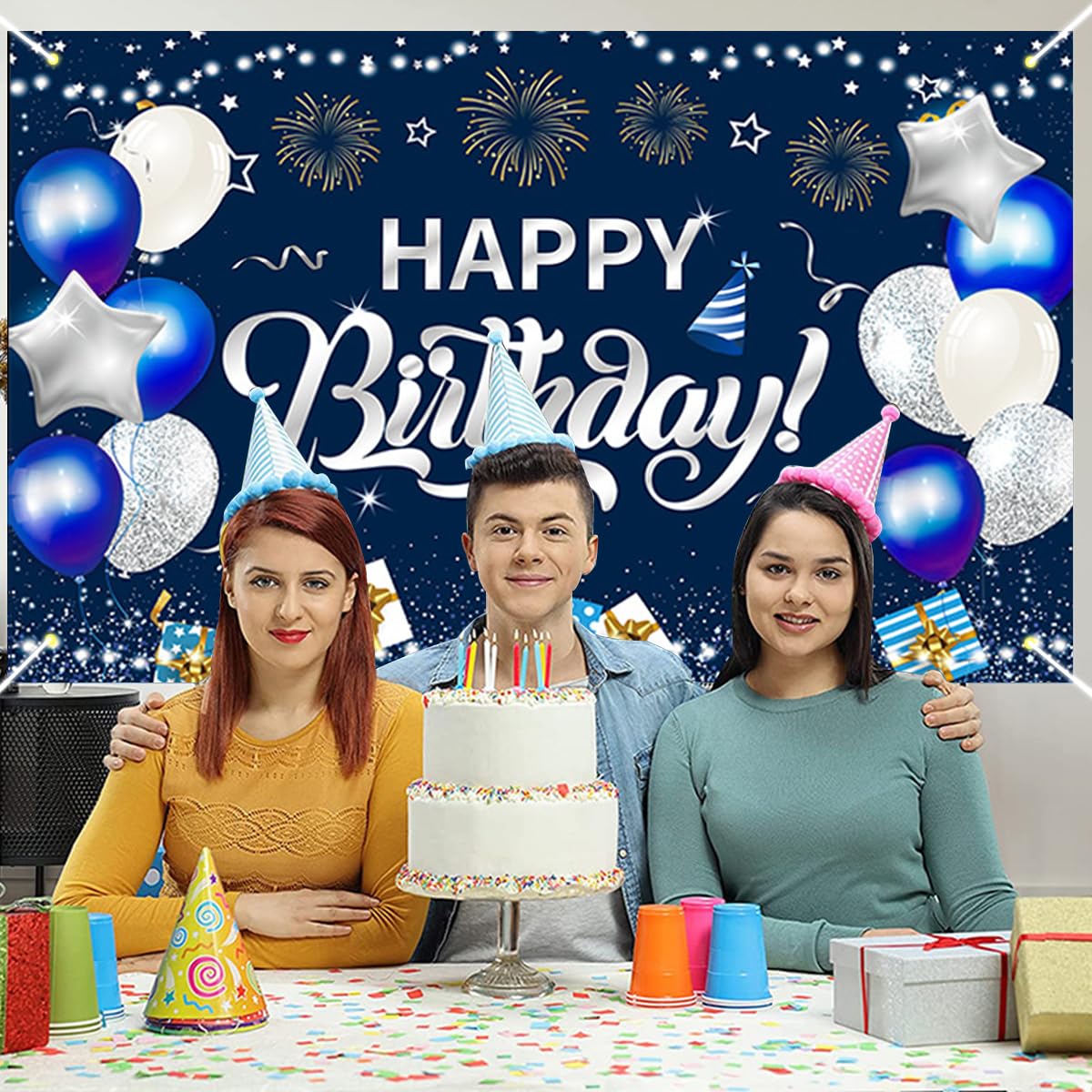 HASTHIP Happy Birthday Decorations Banner for Party Photos with HD Print | 70.8 x 45.2 in Blue Polyester Backdrop
