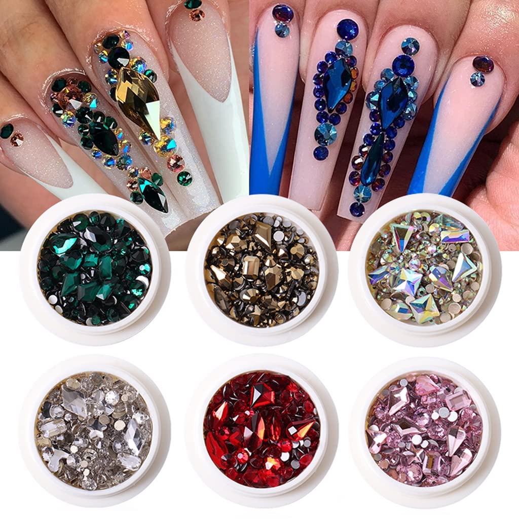MAYCREATE Nail Art Rhinestones Kit for DIY Nails with 6 Boxes Crystals and Beads | Multi Shape Gems