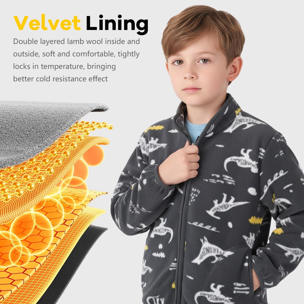 SANNIDHI Kids Polar Fleece Jacket for Winter with Dinosaur Print and Zip Up | Black 130CM