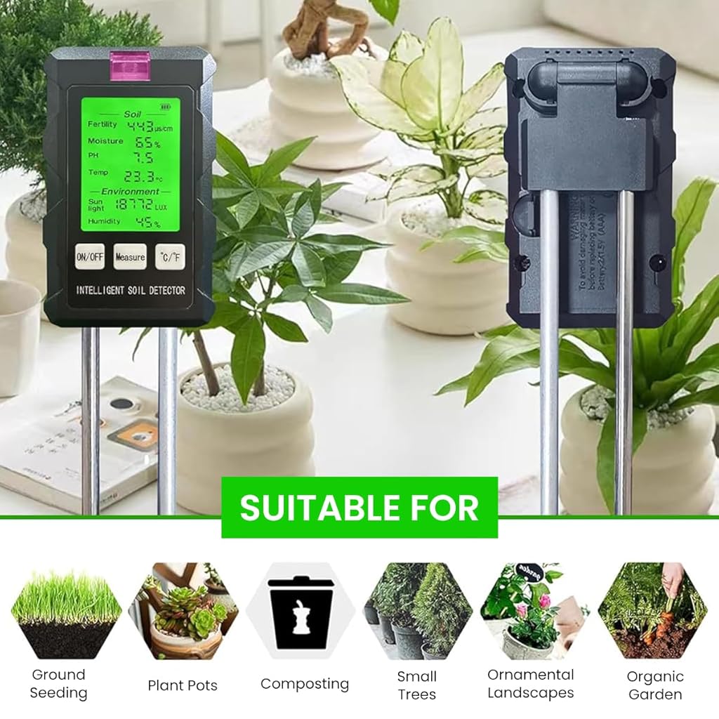 Serplex® 6 in 1 Professional Soil Meter for PH Moisture Temp Sunlight Intensity Conductivity Humidity Testing Probe Sensor Analyzer Detector for Lawn Farm Gardening Tool Battery Not Included 3 PCS