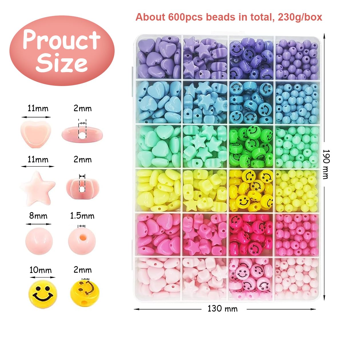 SANNIDHI 600pcs Beads for Jewellery Making, Candy Color Acrylic Pastel Beads Set, Assorted Happy Face Star Heart Circle Loose Beads Kit for Girls Women Bracelet Necklace Jewelry Making DIY Crafts