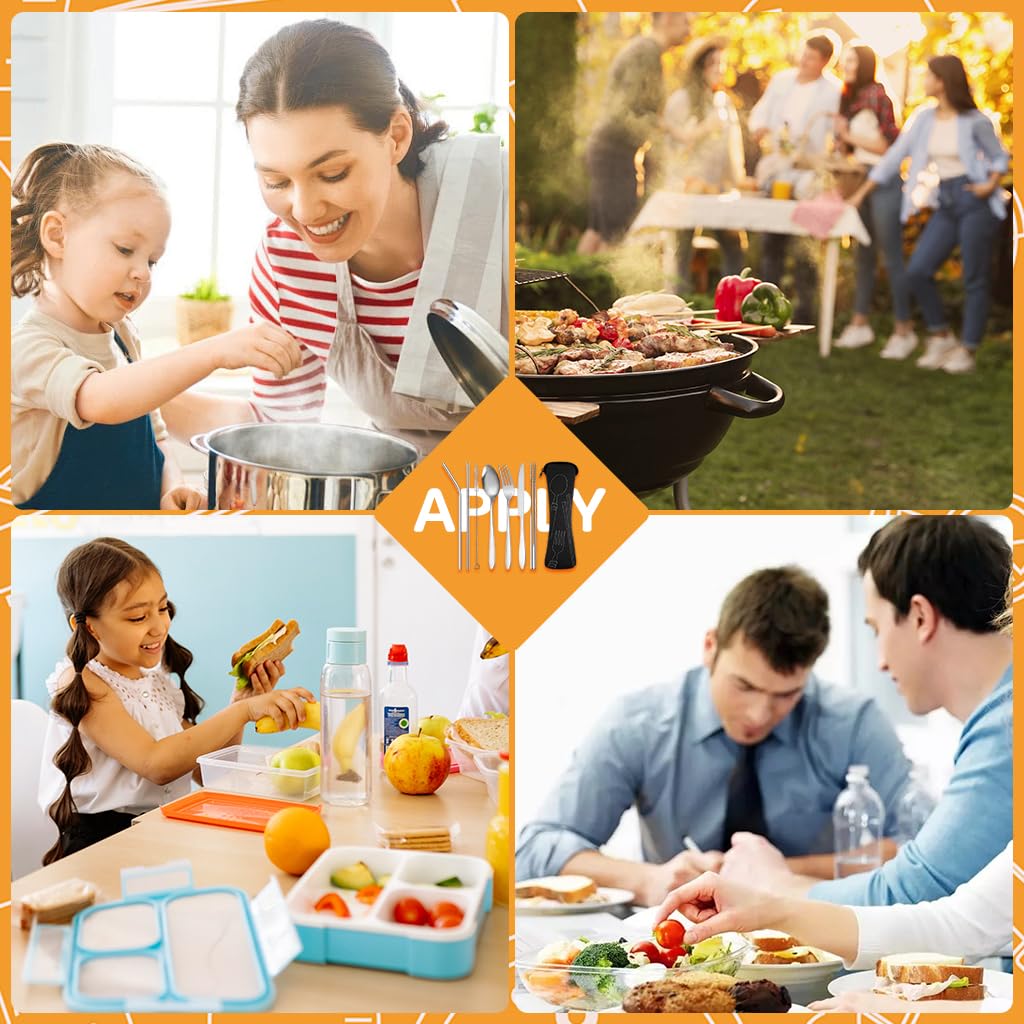 HASTHIP Flatware Set for Travel and Daily Dining with Storage Bag | 7Pcs 304 Stainless Steel Cutlery Featuring Chopsticks and Straw Brush