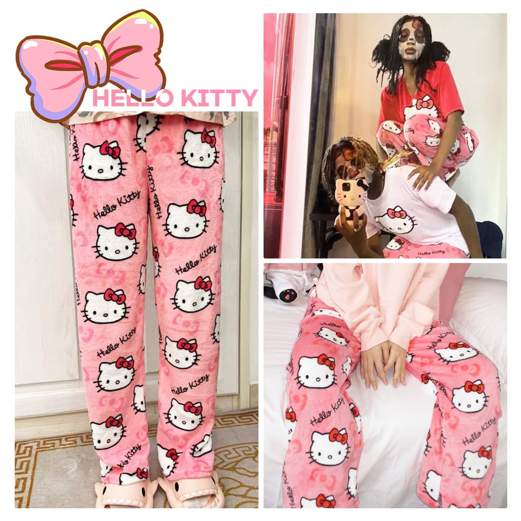 Venzina® Women's Pajamas Bottom Winter Warm Flannel Pink Hello Kitty Home Wear Pants Elastic Waist Warm Plush Trousers Daily Wear Cozy Home Wear Pants, L