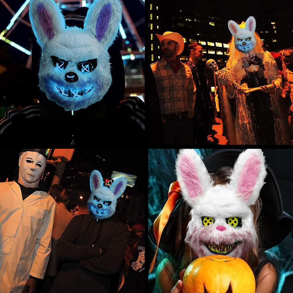 PATPAT® Halloween Led Mask Scary Rabbit Mask, Light Up Halloween Creepy Bunny Mask, Luminous Scream Mask Plush Cosplay Mask Prank Horror Mask for Kids Adult, Furry Cool Led Mask Costumes Accessories