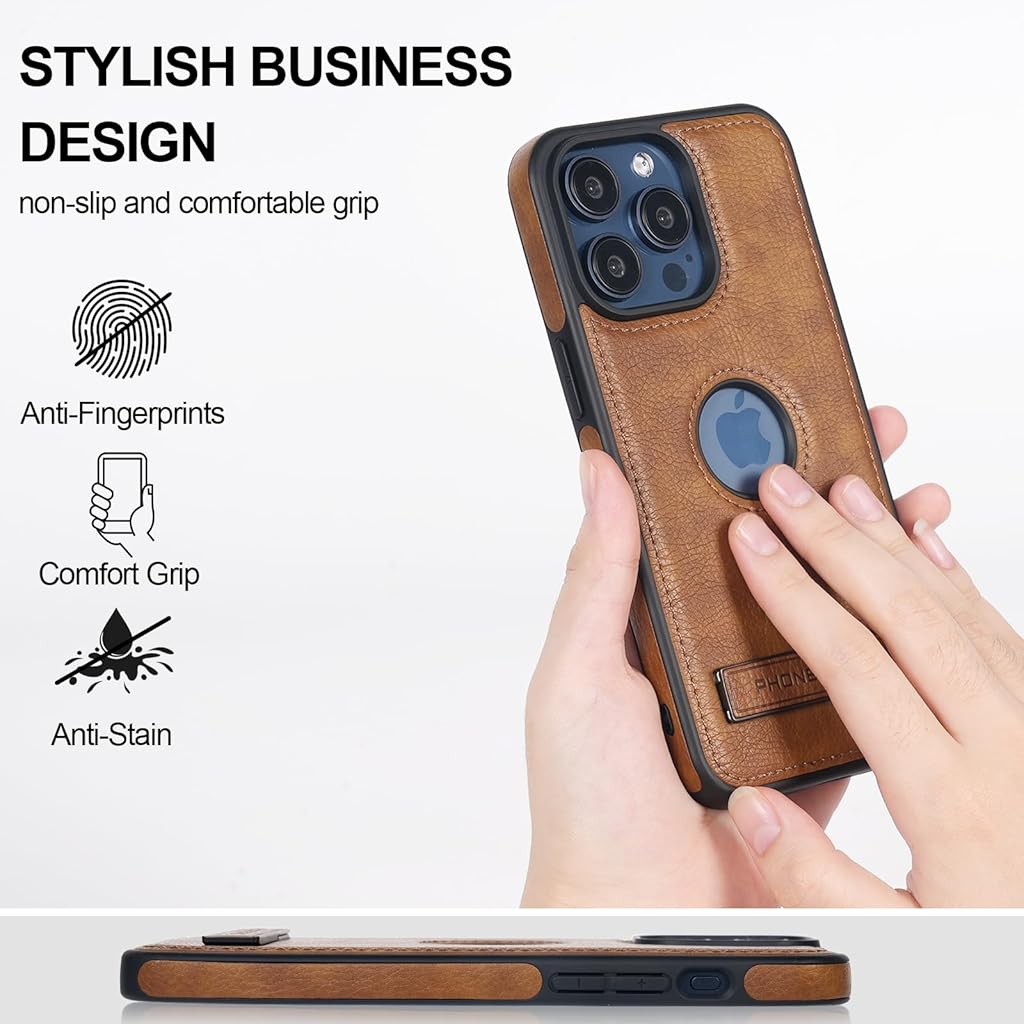 Zeitel® Phone Case for iPhone 15 Pro Max Sleek Brown Leather Phone Case with Metal Kickstand Enhanced Camera Protection iPhone Phone Case Anti-Scratch Leather Phone Case for iPhone 15 Pro Max 6.7''