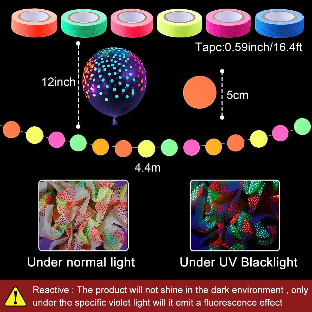HASTHIP Neon Glow Party Supplies for Birthdays with 25 Balloons and 6 Rolls 98.4ft Tape | Blacklight Decorations