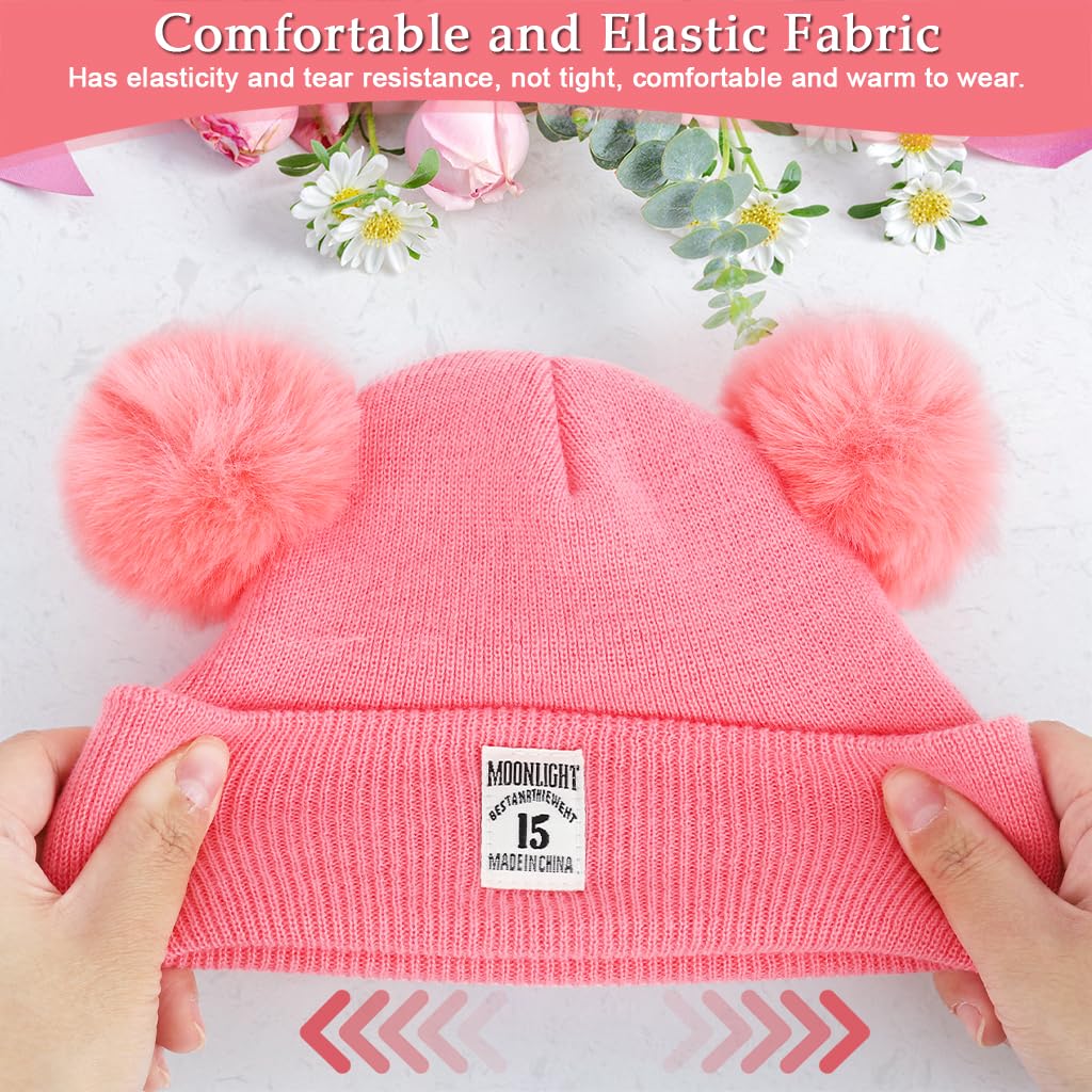 Zibuyu Knitted Baby Deer Antler Hat for 3–24 Months with Chin Strap and Soft Wool | Pink Winter Beret