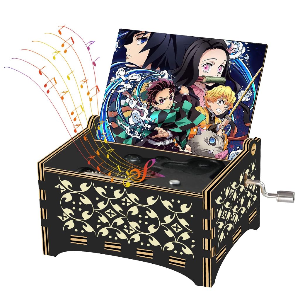 PATPAT® Demon Slayer Hand-Painted Music Box Birthday Gift Wooden Engraved Music Box Desk Decoration Anime Demon Slayer Hand-Cranked Vintage Music Box Birthday Gift, Christmas Gift