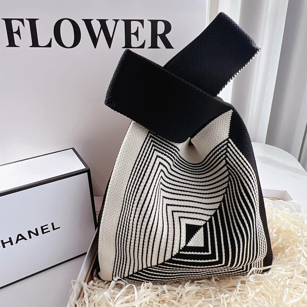 ZIBUYU Fashion Knitting Wrist Handbag Mini Tote Bag Geometric Knitting Pattern Bag Lunch Box Bag Purse Tote Daily Casual Bag