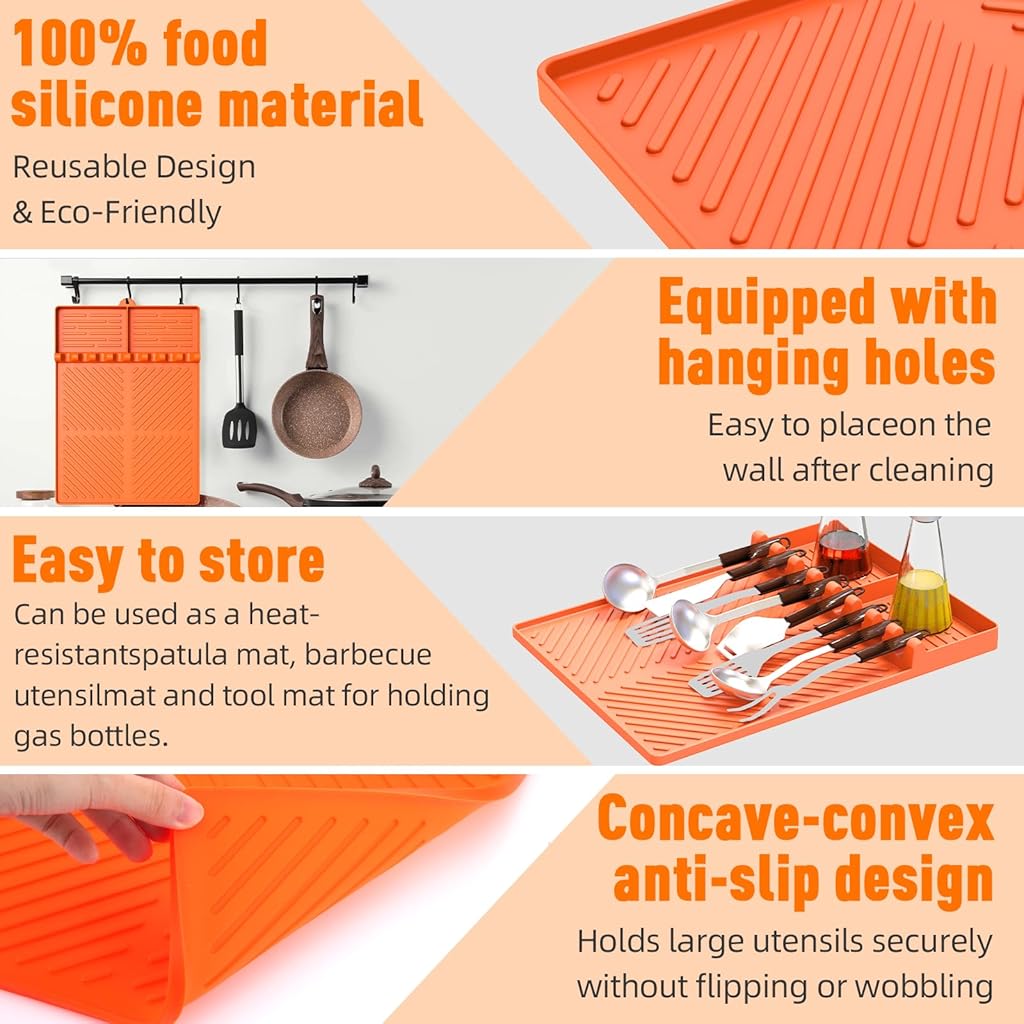 HASTHIP Silicone Grill Mat Compatible - Utensils Organizer Mat - Kitchen Drain Mat - Silicone Griddle Tools Mat with Drip Pad - Heat Resistant Grill Mat - Seasoning Bottles Tray & Kitchen Utensils