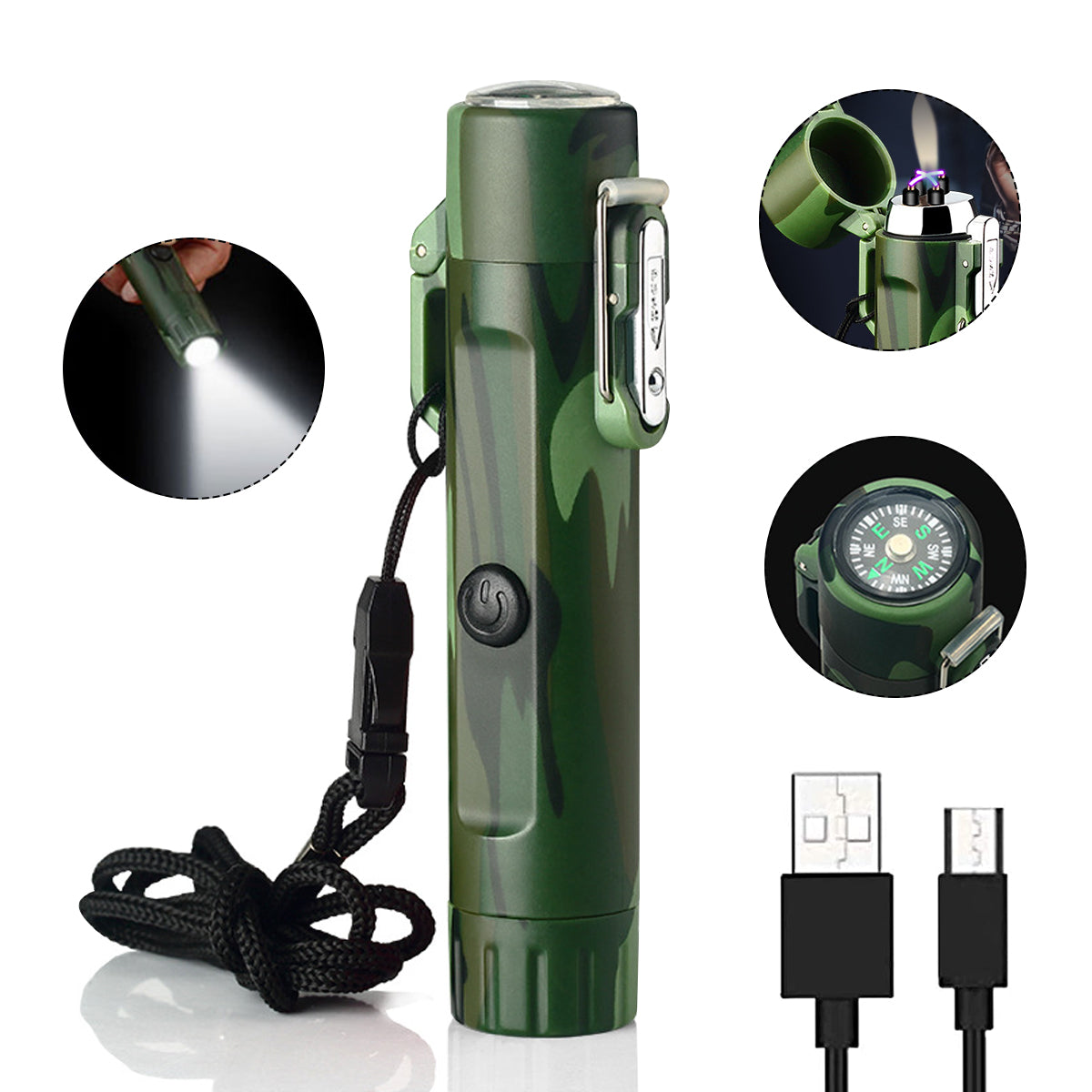 ELEPHANTBOAT® 3 in1 Electric Lighter with Flashlight and Compass, Windproof and Waterproof Rechargeable Dual Arc Plasma Beam Torch Lighter for Camping Hiking Adventure Survival Tactical Gear