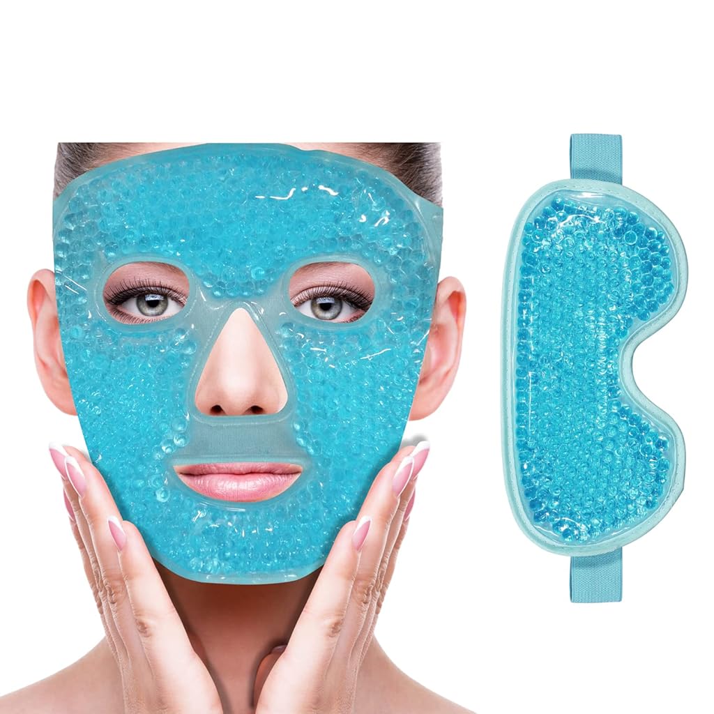 ZIBUYU® Set of 2Pcs Cooling Gel Mask & Gel Eye Cooling Mask, Eye Compress Full-Face Gel Mask Dual Purpose Warm Cold Therapy Face Mask for Reducing Puffiness, Pain Relief, Reducing Redness