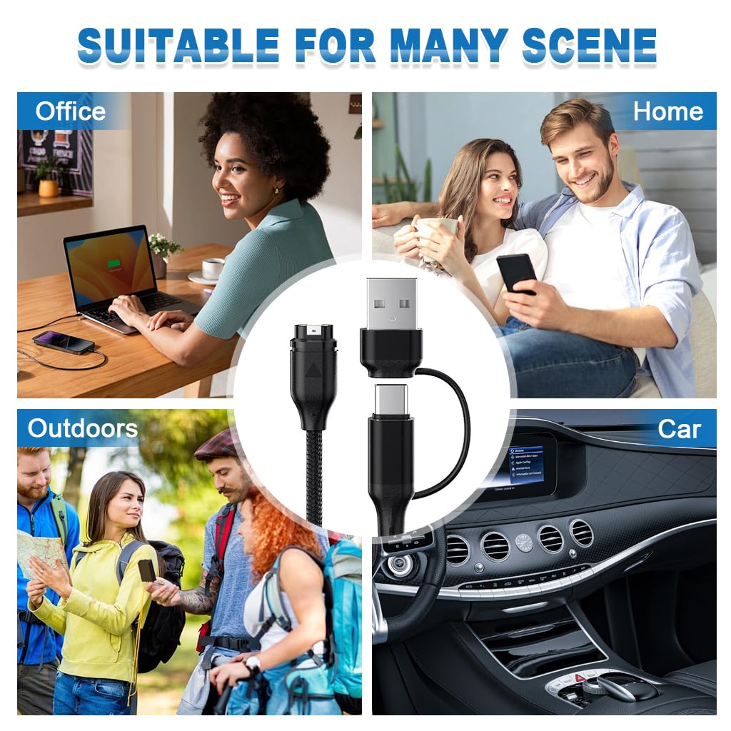 ZORBES Charging Cable for Garmin Watch with USB C and USB Connectors 3.3ft Nylon Braided