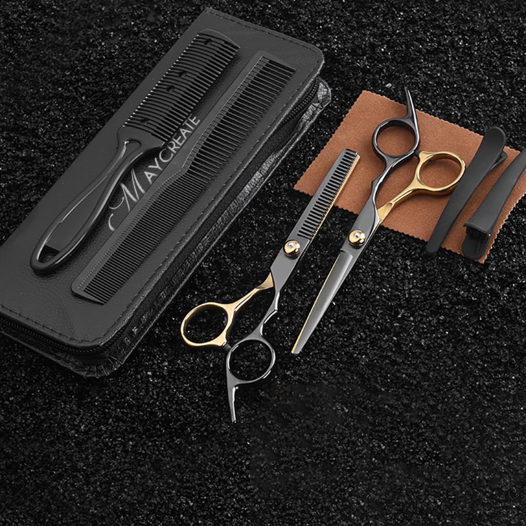 MAYCREATE Hair Cutting Scissors Kit for Home and Salon Use featuring Adjustable Screw | 10pcs Stainless Steel Set for Men and Family Haircuts