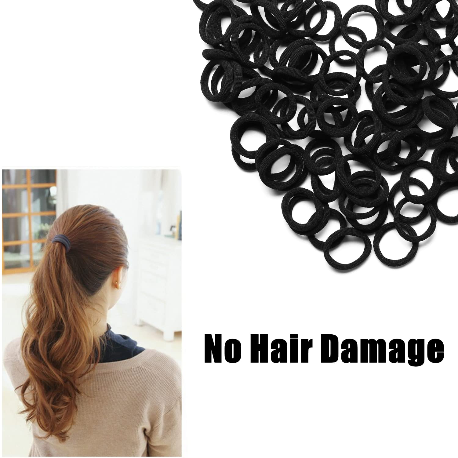 ZIBUYU® 100Pcs Black Hair Bands for Girls 0.7 Inch Tiny Hair Elastics Hair Ties No Tangle Scrunchies Fashion Girls Hair Elastics