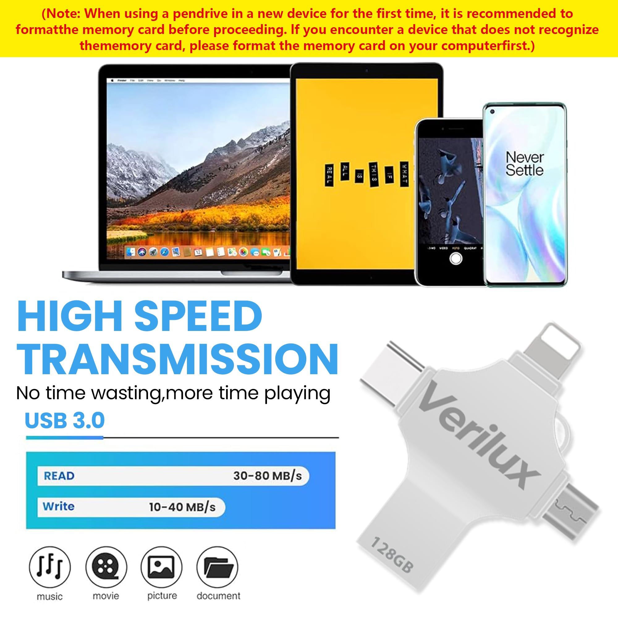 Verilux Pendrive 128GB for iPhone and Android featuring 4 in 1 USB Connectors and Metal Body